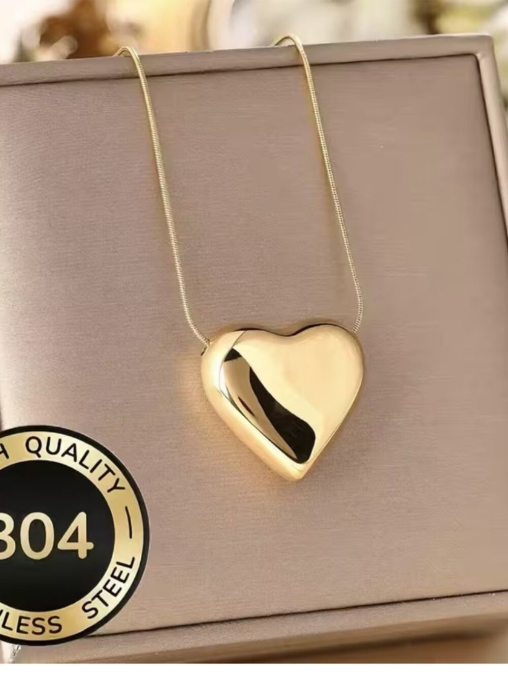 Minimalist 3D Heart Pendant Necklace 18k Ion-Plated Stainless Steel Snake Chain
